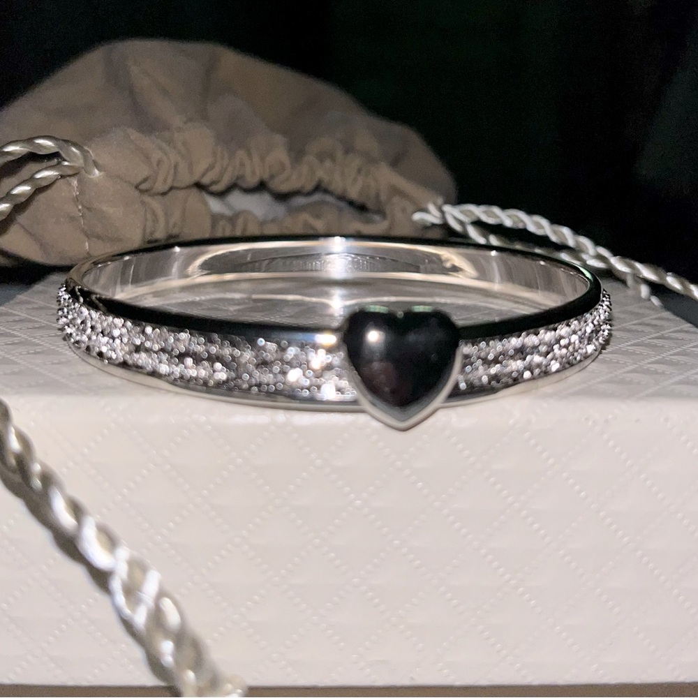 Vintage Bronzo Italia Silver Paved Crystal and Puffed Heart Bangle Bracelet 2013